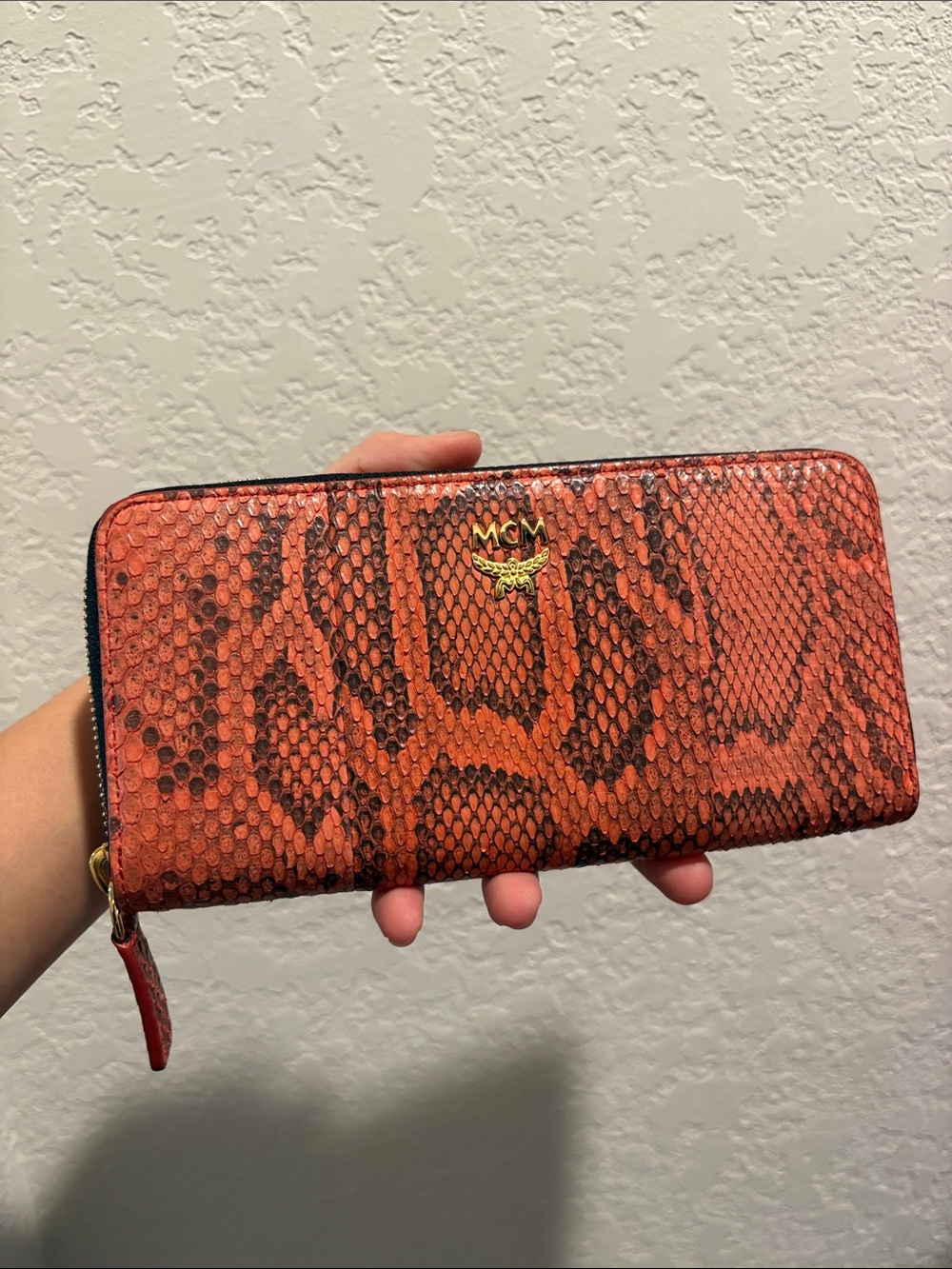 MCM Orange Snake-Print Zip Wallet with Gold Logo